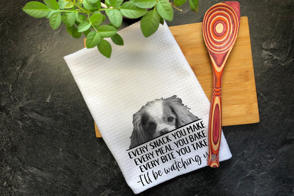 Cavalier Tea Towel, Every Snack You Make I'll Be Watching You, Waffle Weave Kitchen Towel, Hand Printed Dish Towel, King Charles Spaniel