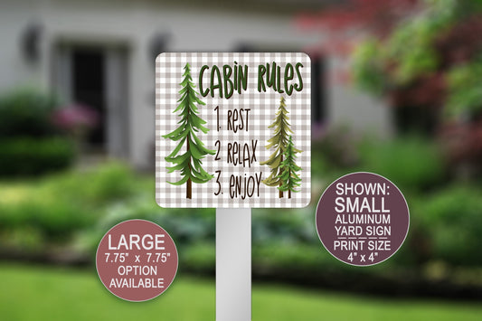 Cabin Rules Garden Sign, Pine Trees, Buffalo Plaid, Yard Sign, Home Decor, Metal Garden Sign, Flower Pot, Welcome Sign, Rest Relax Enjoy
