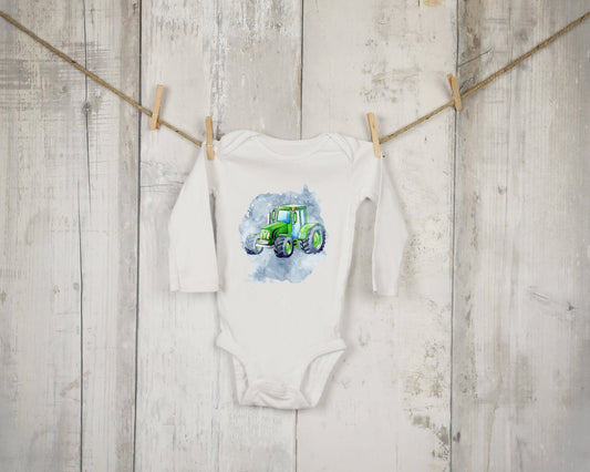 Green Tractor, Baby Shirt, Baby Bodysuit, Baby Shower Gift, Newborn Gift, Long Sleeve or Short Sleeve, Watercolor Tractor Art, Tractor Shirt