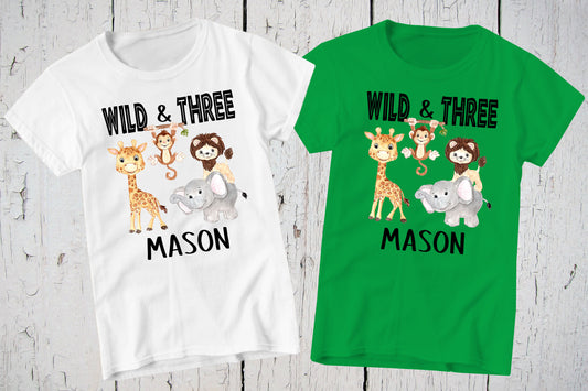 Wild and Three Shirt, Wild Birthday, Personalized Shirt, 3rd Birthday Shirt, Custom Zoo Birthday Shirt, Wild One, Safari Jungle Animals Tee