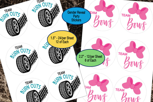 Gender Reveal, Sticker Sheet, Team Burn Outs, Team Bows, Gender Reveal Favor, Team Boy, Team Girl, Baby Shower Stickers, Gender Reveal Party