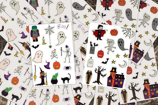 Sticker Sheets, Halloween Stickers, Black Cat, Pumpkin Monster Skeleton Haunted House, Bats Witch Vampire Mummy Ghosts Spider Web Moon Star