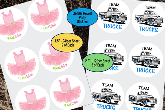 Gender Reveal, Tutus & Retro Trucks, Sticker Sheet, Gender Reveal Favors, Team Boy, Team Girl, Gift Bag Sticker, Baby Shower Sticker, He She