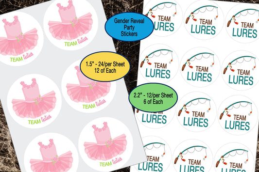 Gender Reveal, Team Tutus, Team Lures, Sticker Sheet, Party Favor Decal, Team Boy Girl, Gift Bag Sticker, Baby Shower Sticker, Fishing Pole