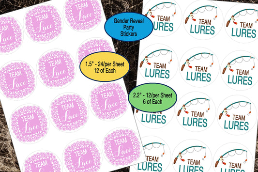 Lures and Lace, Gender Reveal, Sticker Sheet, Gender Reveal Favors, Team Boy, Team Girl, Gift Bag Stickers, Baby Shower Stickers, He or She