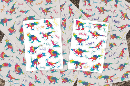 Sticker Sheets, Tie Dye Dinosaurs, Dinosaur Decal, Vinyl Decal, Stickers for Activity Book, Party Favor Stickers, Birthday Party Stickers