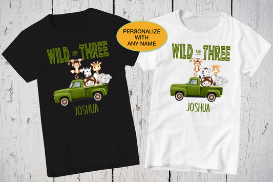 Wild and Three Shirt, Safari Birthday, Boys 3rd Birthday, Third Birthday Party, Wild Animals, Jungle Party, Vintage Retro Truck, Zoo T-Shirt