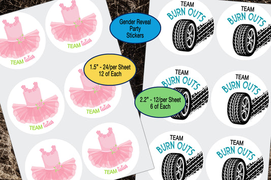 Gender Reveal, Tutus & Burn Outs, Sticker Sheet, Gender Reveal Favors, Team Boy, Team Girl, Gift Bag Sticker, Baby Shower Sticker, He She
