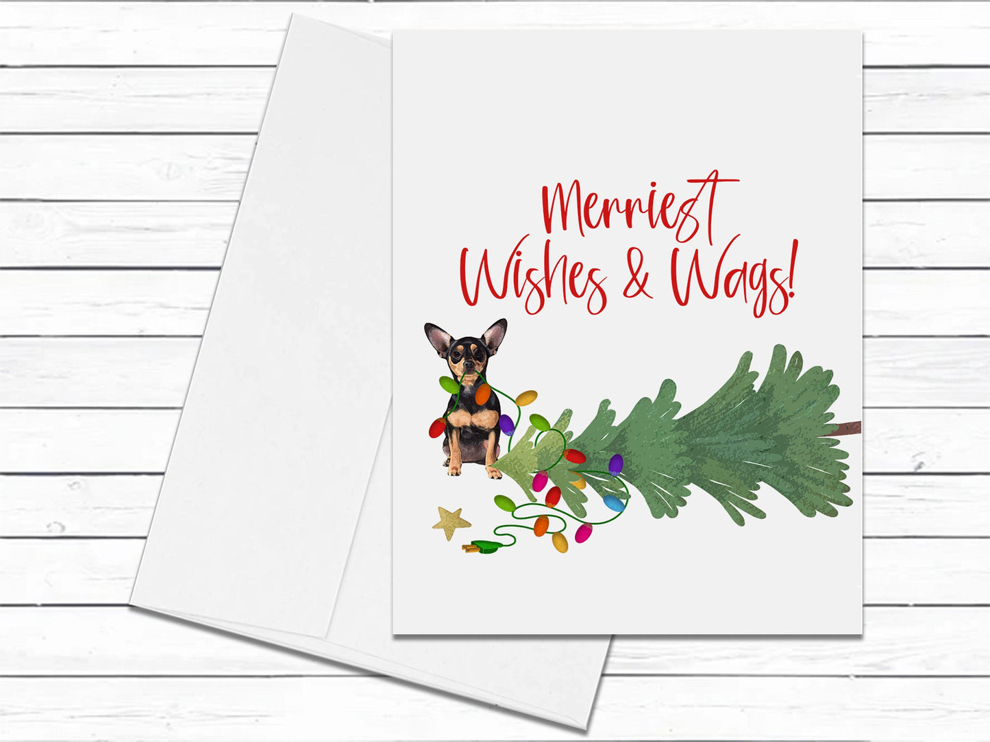 Black Tan Chihuahua Card, Merriest Wishes & Wags, Christmas Cards, Blank Cards With Envelopes, Blank Greeting Cards, Dog Greeting Card Pack