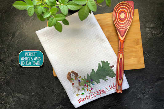 Cavalier Christmas Tea Towel, Merry Wishes & Wags, Christmas Hand Towel, Funny Kitchen Towel, Funny Christmas Gift, King Charles Spaniel Dog