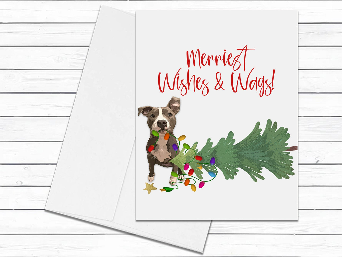 Pit Bull Christmas Card, Merriest Wishes & Wags, Funny Christmas Card, Dog Greeting Cards, Blank Cards With Envelopes, Pitbull Holiday Cards