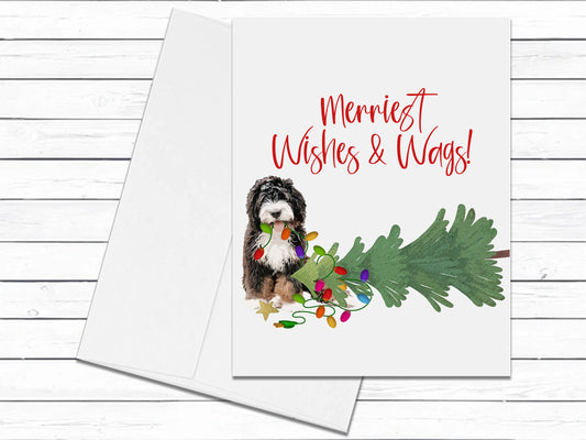 Bernedoodle Card, Merriest Wishes & Wags, Christmas Card, Dog Greeting Cards, Holiday Card, Blank Cards With Envelopes, Blank Greeting Cards