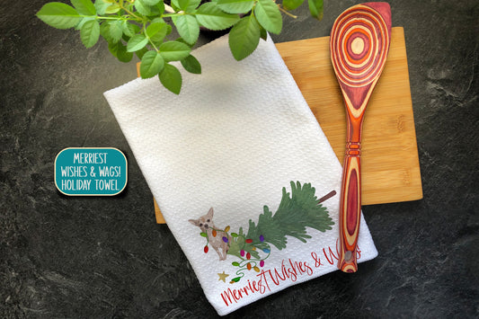 Chihuahua Christmas Tea Towel, Merry Wishes & Wags, Christmas Hand Towel, Funny Kitchen Towel, Funny Christmas Gift, Chihuahua Gifts for Mom