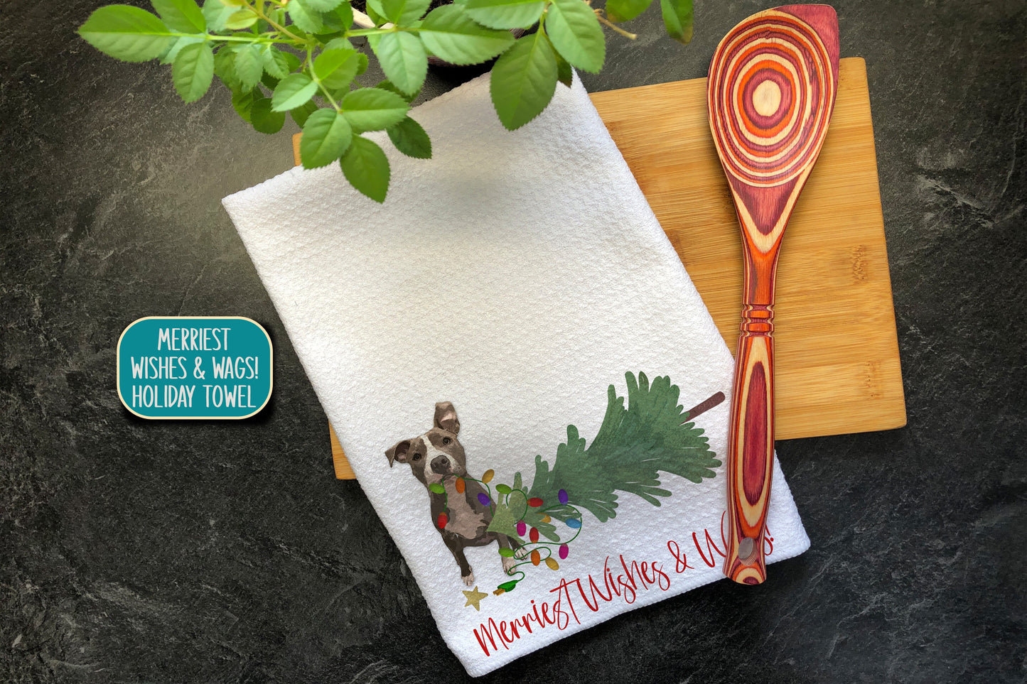 Pitbull Gifts, Christmas Tea Towel, Merry Wishes & Wags, Christmas Hand Towel, Funny Kitchen Towel, Funny Christmas Gift for Pitbull Mom