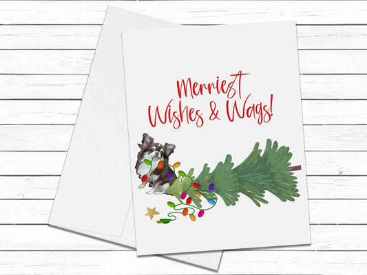 Long Haired Chihuahua, Christmas Card, Merriest Wishes & Wags, Chihuahua Dog Greeting Cards, Holiday Card, Blank Cards With Envelopes