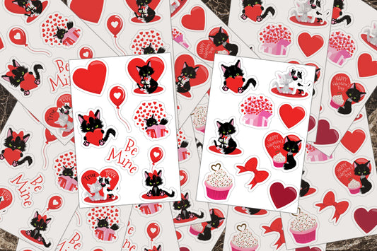 Valentine's Day Stickers, Funny Cat Valentine Sticker Sheets, Cat Sticker, Black Cat Stickers, Cute Cat Stickers, Kitty Kitten Label Decals