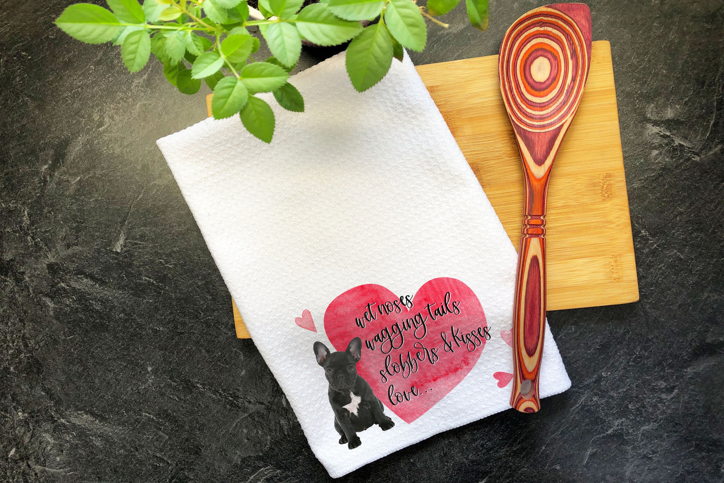 French Bulldog, Kitchen Tea Towel, Valentines Day Decor, Valentines Day Gift, Hand Towel, Waffle Weave, Mother's Day, Frenchie Mom Gifts
