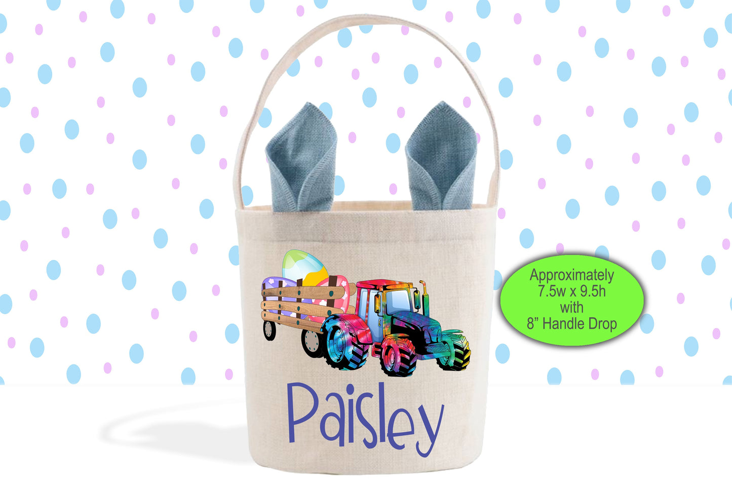Tractor and Trailer, Easter Basket, Personalized Easter Basket, Tie-Dye Tractor, Linen-Fabric Easter Bucket, Kids Easter Basket, Egg Hunt