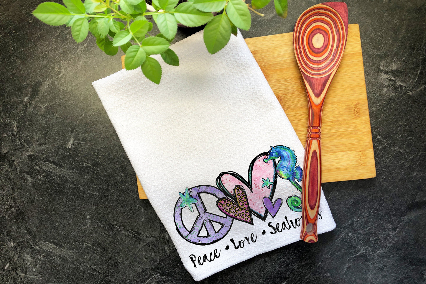 Peace Love Seahorses, Absorbent Kitchen Towels, Hostess Gift, Kitchen Tea Towel, Bathroom Decor, Bowling Towel, Peace Sign, Ocean Decor