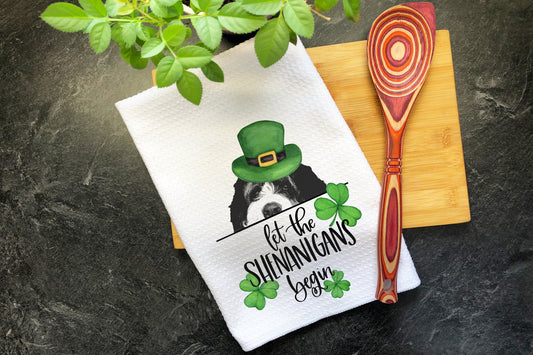 Bernedoodle Dog, St Patricks Day, Tea Towel, Let The Shenanigans Begin, Kitchen Decor, Dish Towels, Irish Gifts for Women, Bernedoodle Mom