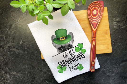 French Bulldog, St Patricks Day, Tea Towel, Let The Shenanigans Begin, Kitchen Decor, Dish Towels, Irish Gifts for Women, Shamrock Decor