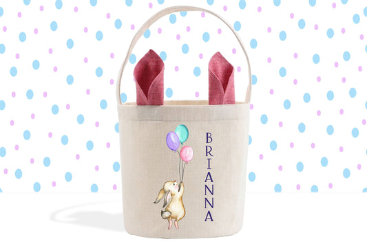 Personalized Easter Basket, Custom Easter Basket, Easter Bunnies & Balloons, Easter Bunny, Linen-Fabric Easter Bucket, Kids Easter Egg Hunt