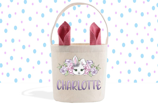 Easter Basket Personalized, Easter Bunny, Custom Gift Basket, Easter Bunny Bag, Faux Linen Easter Bag for Girls, Bunny Rabbit, Tote Bag