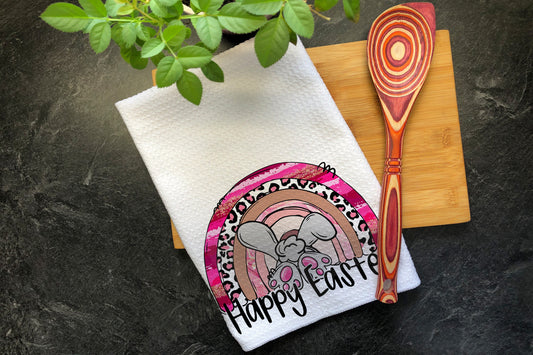 Bunny Butt, Boho Leopard Rainbow, Happy Easter, Tea Towels, Kitchen Towel, Dish Towel, Hand Printed, Easter Gift, Hanging Towel, Rabbit Ears
