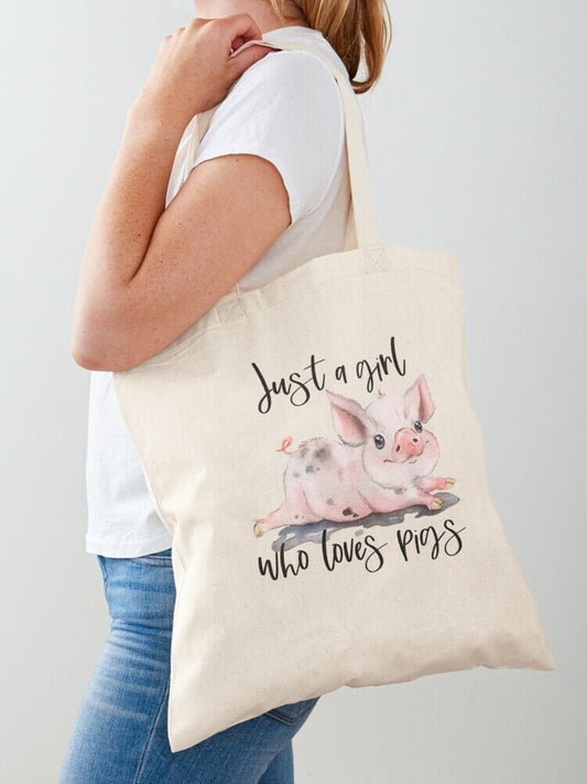 Just A Girl Who Loves Pigs, Shoulder Tote Bag, Everyday Tote Bag Canvas, Sturdy Tote Bag, Gift Bag, Reusable Bag, Farm Girl Bag, Pig Gifts