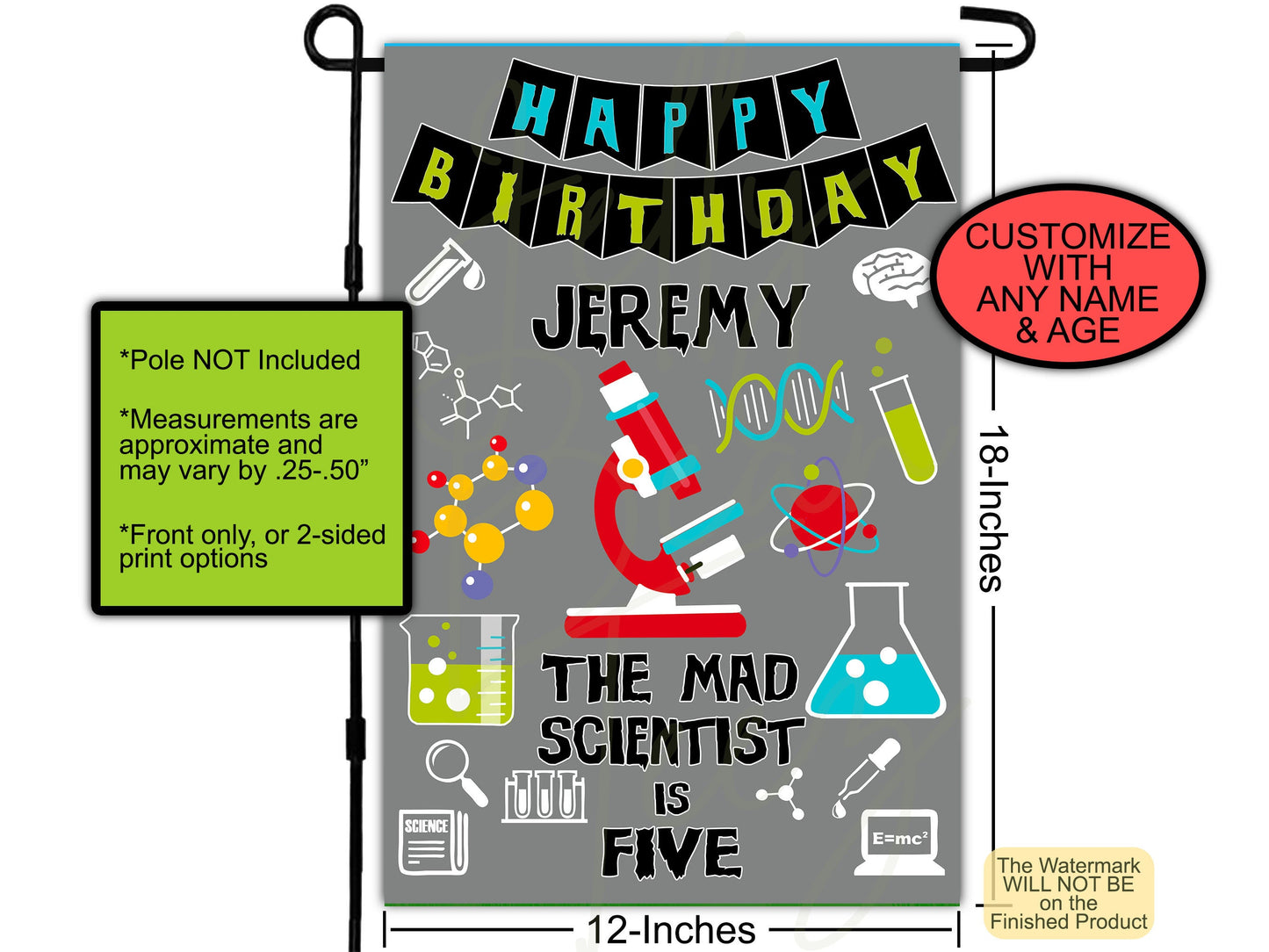 Mad Scientist, Birthday Garden Flag, Personalized Flag, House Flags, Custom Flag, Porch Flag, Birthday Decor, Yard Flag, Science Party Prop