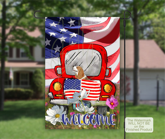Beagle House Flag, American Flag Art, Patriotic Decor, Outdoor Flag, Beagle Dog Garden Flag, Vintage Truck, Daisies Field, Beagle Dog Mom