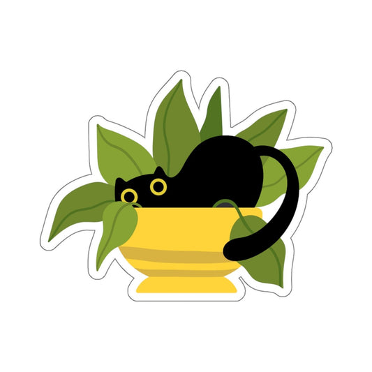 Black Cat, Yellow Planter Pot, House Plants, Black Cat Sticker, Indoor Plant, Cute Cat Decal, Planner Sticker, Laptop Decal, Kitten Sticker