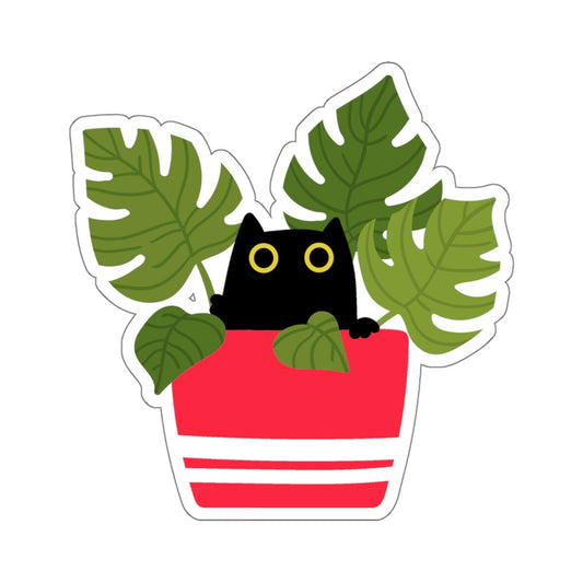 Black Cat, Striped Red Planter, House Plants, Black Cat Sticker, Indoor Plant, Cute Cat Decal, Planner Sticker, Laptop Decal, Kitten Sticker