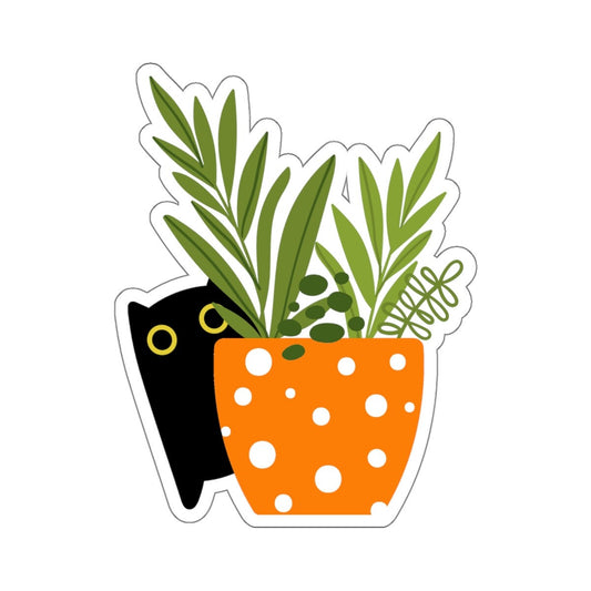 Black Cat, Orange Dot Planter, House Plants, Black Cat Sticker, Indoor Plants, Cute Cat Decal, Planner Sticker, Laptop Decal, Kitten Sticker