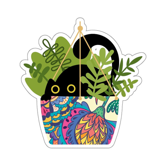 Black Cat in Floral Pot, House Plants, Black Cat Stickers, Indoor Plants, Cute Cat Sticker, Planner Stickers, Laptop Decal, Kitten Sticker