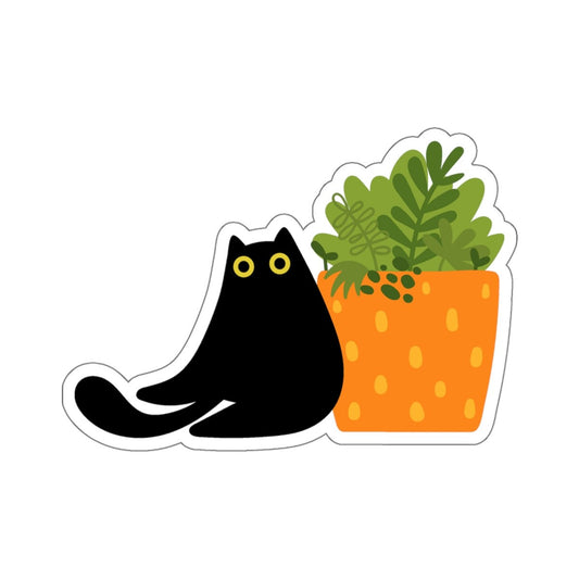 Black Cat, Orange Dot Planter, House Plants, Black Cat Sticker, Indoor Plants, Cute Cat Decal, Planner Sticker, Laptop Decal, Kitten Sticker
