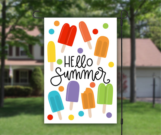Hello Summer, House Flag, Popsicles Ice Cream, Summer Vibes, Welcome Garden Flag, Patio Decor, Garden Art, Outdoor Flag, Printed Both Sides