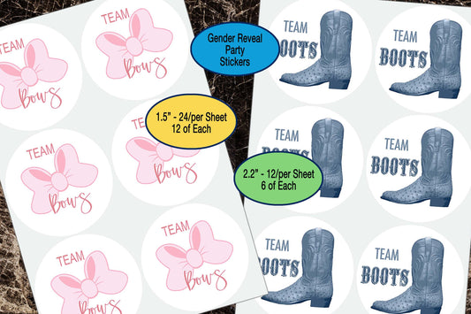Team Bows, Team Boots, Gender Reveal, Sticker Sheet, Party Favor Labels, Team Boy, Team Girl, Baby Shower Sticker, Pastel Pink Dusty Blue