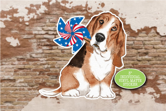 Basset Hound Sticker, Patriotic July 4, USA American Flag, Cute Dog Sticker, Journal Laptop, Gift for Friend, Hound Dog Mom, Dog Dad Decal