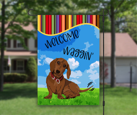 Welcome Waggin, Dachshund Gift, Dog Garden Flag, House Flag, Outdoor Flag, Summer Garden Flag, Seasonal Flags, Doxie Mama, Weiner Dog Lover