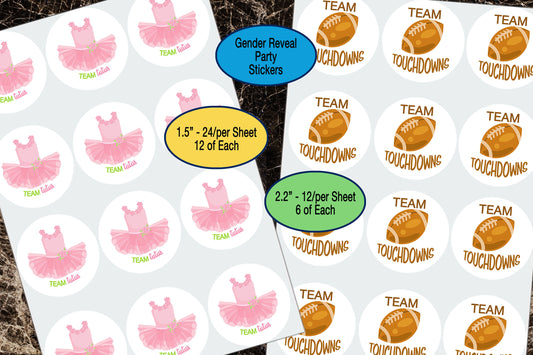 Team Tutus, Team Touchdowns, Gender Announcement, Sticker Sheet, Pregnancy Reveal Decor, Gender Reveal Favor, He or She, Football Decals