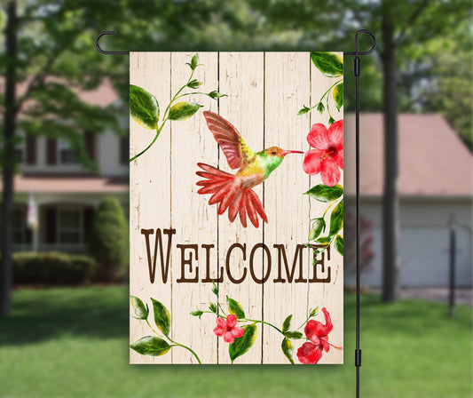 Hummingbird Welcome Garden Flag, House Flag, Porch Flags, Outdoor Flag, Camping Flag, Floral Welcome Sign, Hummingbird Garden Party Flag