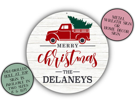Christmas Family Sign, Personalized Welcome Sign, Wreath Sign, Front Door Sign, Metal Art, Home Decor, Round Door Hanger, Vintage Truck Tree