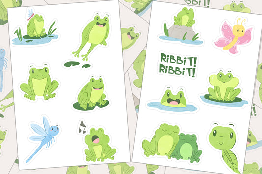 Frog Sticker Sheet, Froggy Sticker, Nature Sticker, Cute Frog Decal, Journal Sticker, Planner Sticker, Bullfrog Butterfly Dragonfly Lily Pad