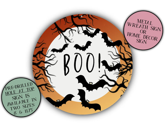 Boo Nighttime Bat Motif Round Sign, Halloween Fall Wreath Sign, Front Door Sign, Metal Art, Home Decor, Round Door Hanger, Spooky Door Decor