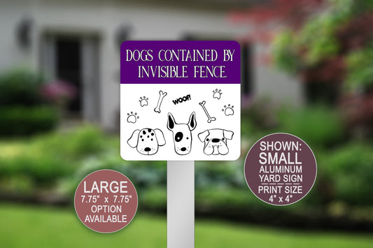 Dogs Contained By Invisible Fence, Funny Signs, Dog Signs, Lawn Sign, Square Aluminum Yard Sign, Be Aware Of Dogs, Beware of Dog Fence Sign