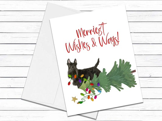 Scottish Terrier Dog Christmas Card, Merriest Wishes & Wags, Dog Greeting Card, Holiday Card, Blank Cards With Envelope, Blank Greeting Card