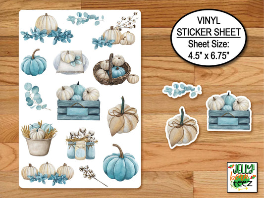 Farmhouse Pumpkin Stickers, Sticker Sheet, Holiday Stickers, Journal Stickers, Cottagecore Stickers, Blue Fall Stickers, White Pumpkin Decal
