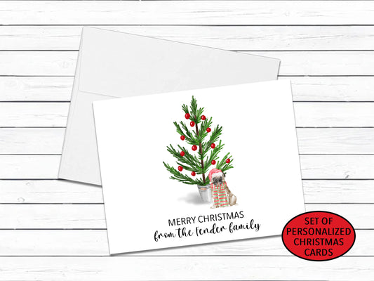 Pug Lover Christmas Card Set, Personalized Holiday Dog Card, Fun Christmas Cards, Blank Greeting Cards, Christmas Tree Note Card, Xmas Cards
