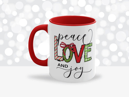 Peace Love & Joy Coffee Mug, Christmas Mug Design, Coffee Lover Mug, Winter Mug, Mug Gift, Ceramic Mug, Tea Mug, Holiday Mug, Colorful Mug